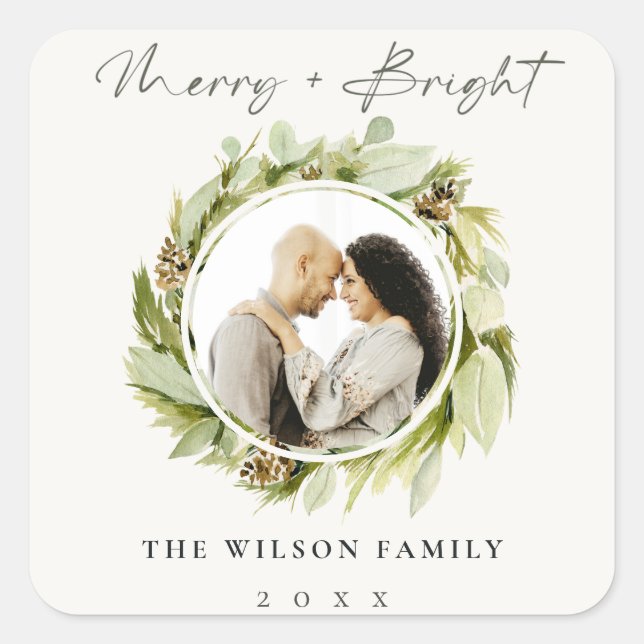 Winter Wreath Merry & Bright Christmas Photo Square Sticker (Front)