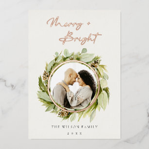 Winter Wreath Merry & Bright Photo Christmas Foil Holiday Card