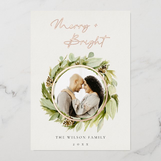 Winter Wreath Merry & Bright Photo Christmas Foil Holiday Card (Front)