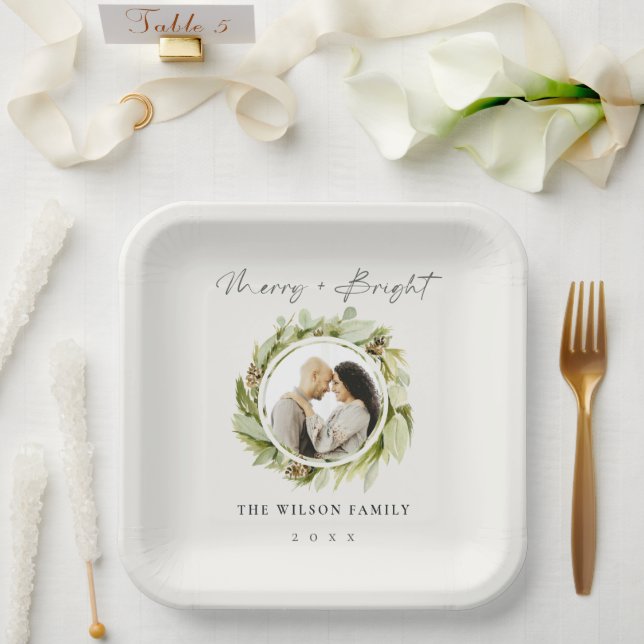 Winter Wreath Merry & Bright Photo Christmas Paper Plate (Wedding)