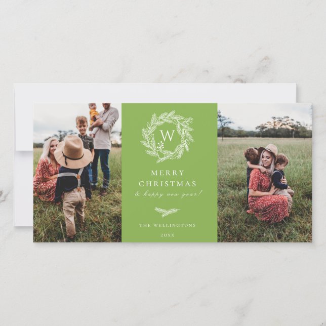 Winter Wreath Monogram Holiday 2 Photo Card Green (Front)