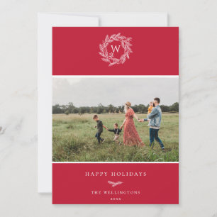 Winter Wreath Monogram Holiday Photo Card Red