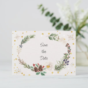 Winter Wreath of Pine Cones and Holly Save The Date