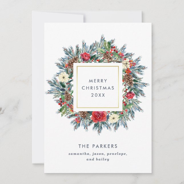 Winter Wreath on White | Merry Christmas Holiday Card (Front)