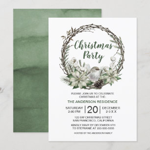 Winter Wreath Poinsettia & Bird Christmas Invitation
