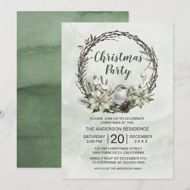 Winter Wreath Poinsettia & Bird Christmas Invitation (Front/Back)
