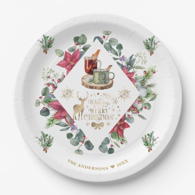 Winter Wreath Script Wish You A Merry Christmas Paper Plate (Front)