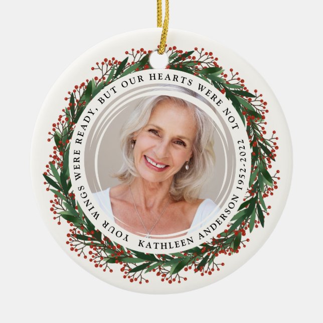 Winter Wreath Wings Were Ready Photo Memorial Ceramic Ornament (Front)
