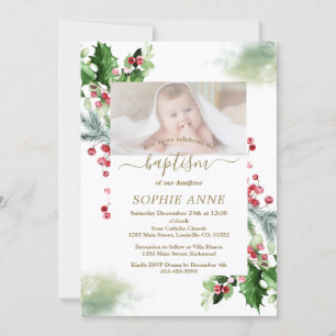 Winter Xmas Poinsettia Pine Berry Photo Baptism Invitation