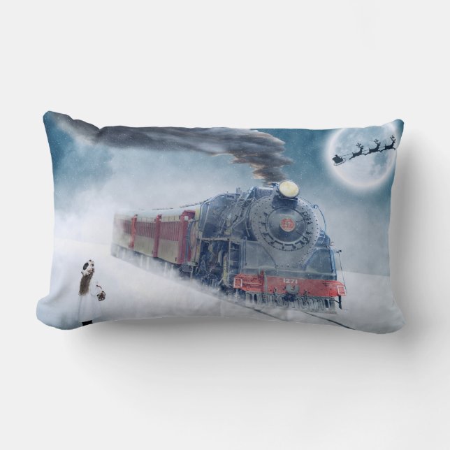 Winter Xmas Train with Girl Lumbar Cushion (Front)
