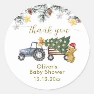 Winter X'mas Tree Tractor Bear Baby Shower  Classic Round Sticker