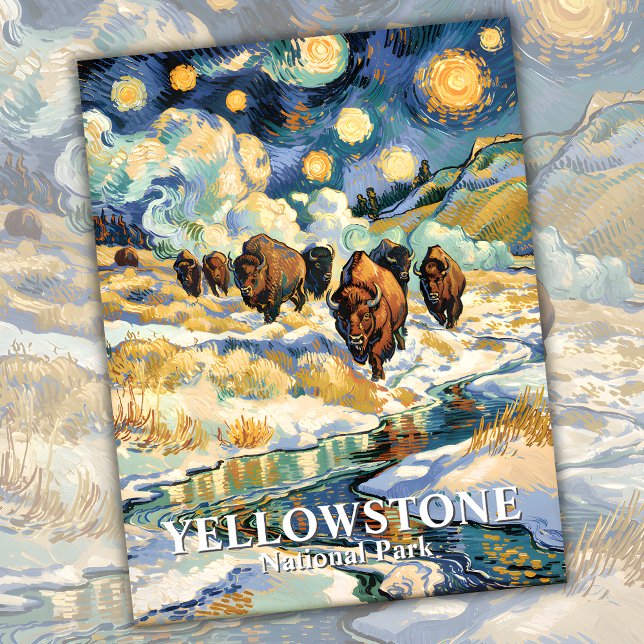Winter Yellowstone Bison Van Gogh Starry Night Postcard (Winter Yellowstone Bison Van Gogh Starry Night Postcard)
