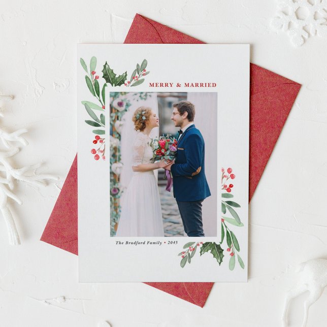 Winterberry and Holly Wedding Christmas Photo Holiday Postcard (Watercolor Winterberry and Holly Merry and Married Wedding Christmas Photo Holiday Postcard)
