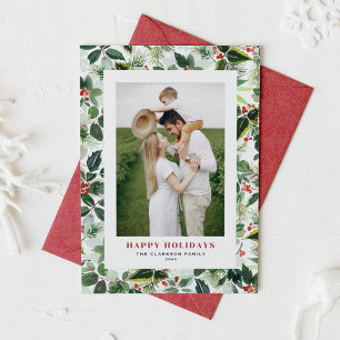 Winterberry and Variegated Leaves Pattern Photo Holiday Card
