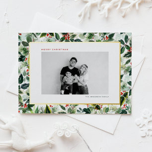 Winterberry and Variegated Leaves Photo Christmas Foil Holiday Postcard