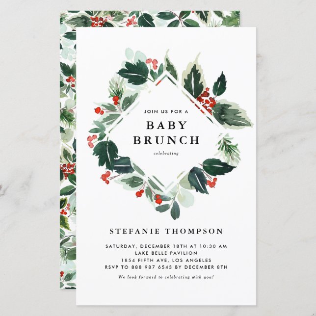Winterberry Holly Greenery Baby Brunch Invitation (Front/Back)