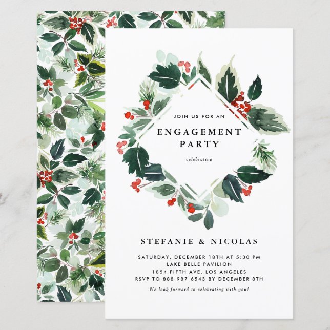 Winterberry Holly Greenery Engagement Invitation (Front/Back)
