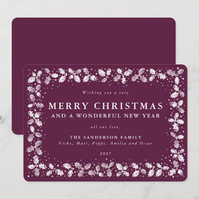 Winterberry Holly Leaves Border Flat Non Photo Holiday Card (Front/Back)
