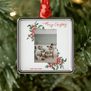 Winterberry Holly Merry Christmas Family Photo Metal Ornament