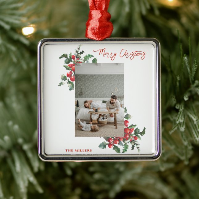 Winterberry Holly | Merry Christmas | Family Photo Metal Ornament (Tree)