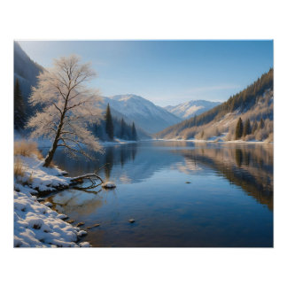 Winterliche Landschaft mit klarem Bergsee Poster