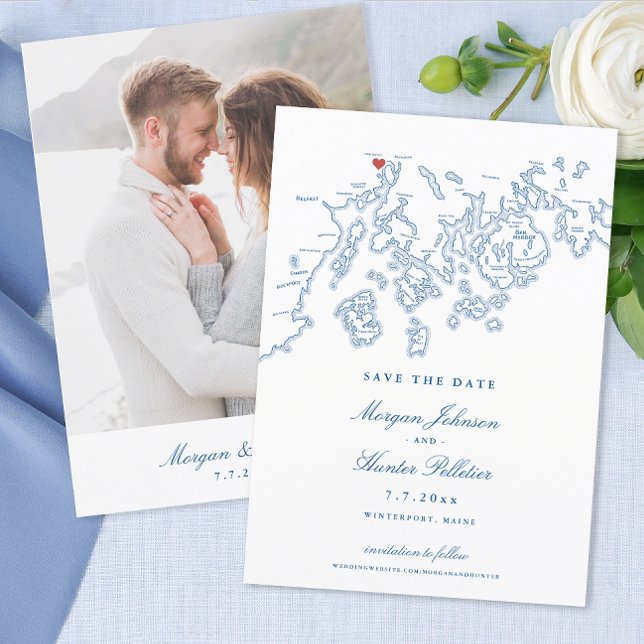 Winterport Maine Map Navy Blue Photo Save The Date (Winterport Maine Wedding Save the Date with Photo in elegant navy blue from Coastal Map Designs)