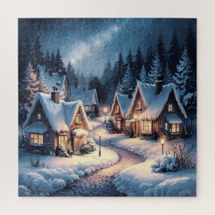 Winter's Embrace: A Snowy Village at Night Jigsaw Puzzle