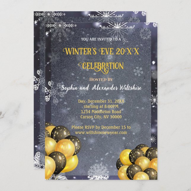Winter's Eve Gold & Black Celebration Invitation (Front/Back)