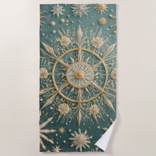Winter's Golden Embrace: A Snowflake Serenade Beach Towel