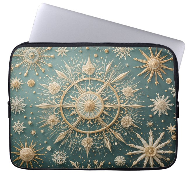 Winter's Golden Embrace: A Snowflake Serenade Laptop Sleeve (Front)