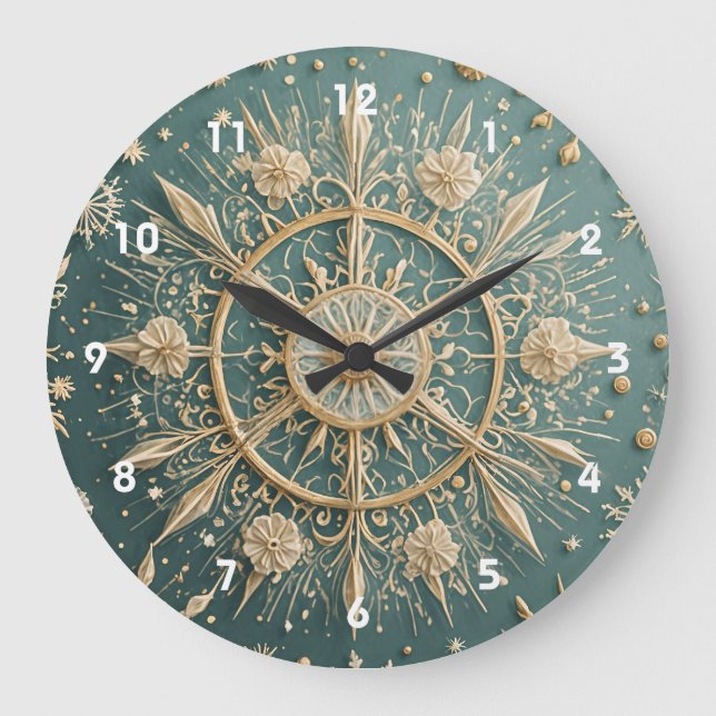 Winter's Golden Embrace: A Snowflake Serenade Large Clock (Front)
