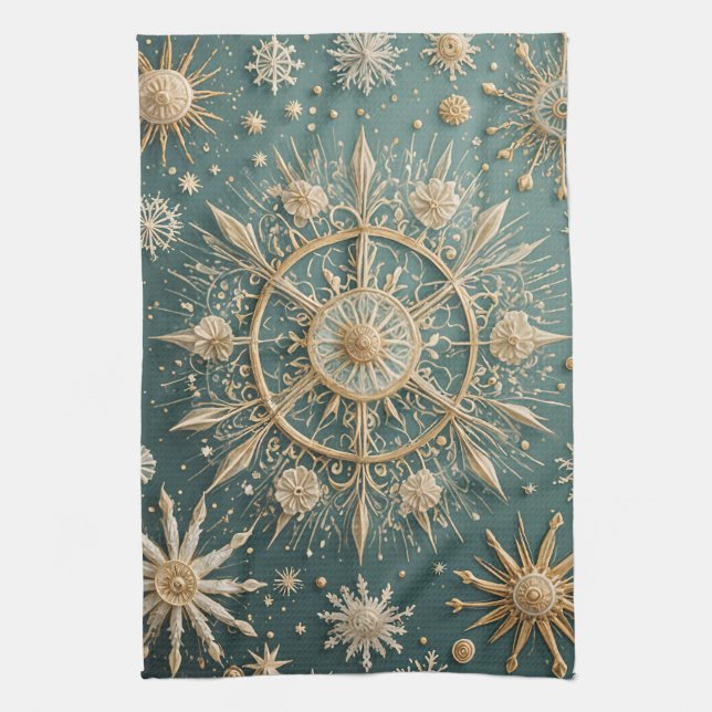 Winter's Golden Embrace: A Snowflake Serenade Tea Towel (Vertical)