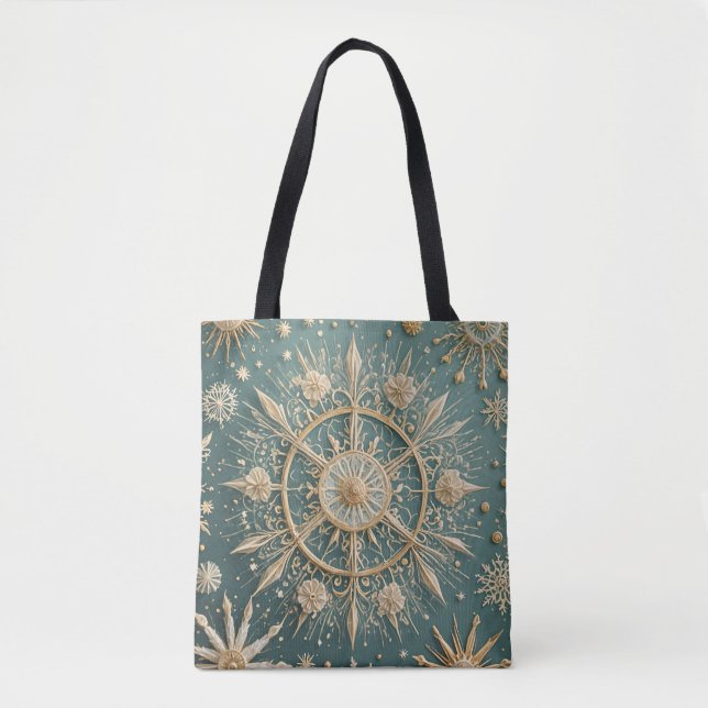 Winter's Golden Embrace: A Snowflake Serenade Tote Bag (Front)