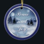 Winter's Night Ceramic Ornament<br><div class="desc">Round ceramic ornament with an image,  on both sides,  of a beautiful winter night with a luminous full moon and a starlit sky on navy blue. silver border. Customisable holiday sentiment. See matching pewter snowflake ornament. See the entire Hanukkah Ornament collection under the HOME category in the HOLIDAYS section.</div>