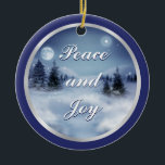 Winter's Night Ceramic Ornament<br><div class="desc">Round ceramic ornament with an image,  on both sides,  of a beautiful winter night with a luminous full moon and a starlit sky on navy blue. silver border. Customisable holiday sentiment. See matching pewter snowflake ornament. See the entire Hanukkah Ornament collection under the HOME category in the HOLIDAYS section.</div>