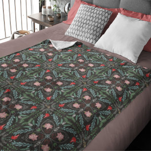 Winters Snowflakes, Poinsettias, Cardinals Fleece Blanket