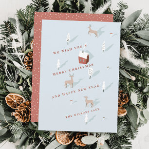 Winterscape Red House & Deer Light Blue Christmas Holiday Card