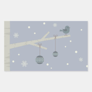 Wintertime xmas balls and bird on tree rectangular sticker