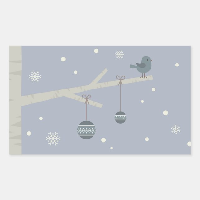 Wintertime xmas balls and bird on tree rectangular sticker (Front)