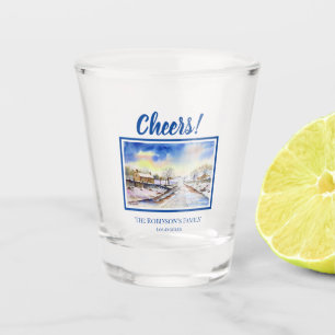 Wintery Lane Family Home Watercolor Painting Shot Glass