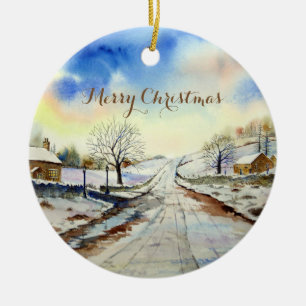 Wintery Lane Landscape Painting Ceramic Tree Decoration