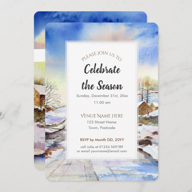 Wintery Lane Watercolor Holiday Season Invitation (Front/Back)