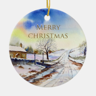 Wintery Lane Watercolor Landscape Painting Ceramic Ornament