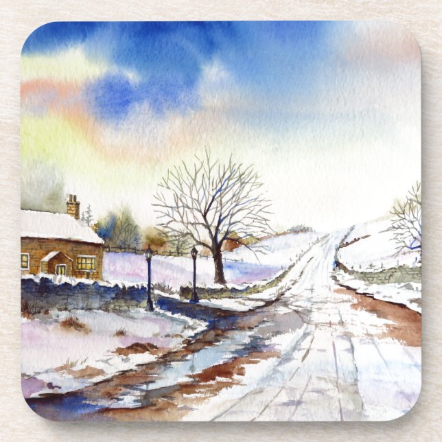 Wintery Lane Watercolor Landscape Painting Coaster (Front)