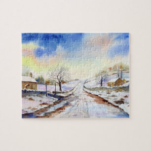 Wintery Lane Watercolor Landscape Painting Jigsaw Puzzle
