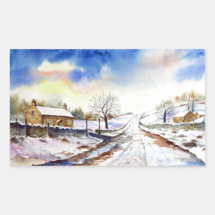 Wintery Lane Watercolor Landscape Painting Rectangular Sticker