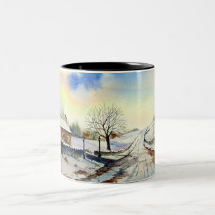 Wintery Lane Watercolor Landscape Painting Two-Tone Coffee Mug