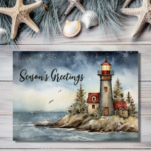 Wintery Lighthouse Season's Greetings Christmas Holiday Card