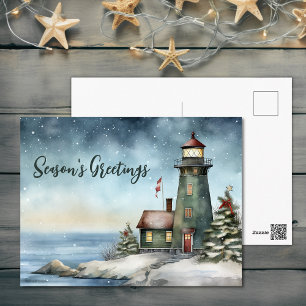 Wintery Lighthouse Season's Greetings Christmas Holiday Postcard