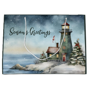 Wintery Lighthouse Season's Greetings Christmas Large Gift Bag